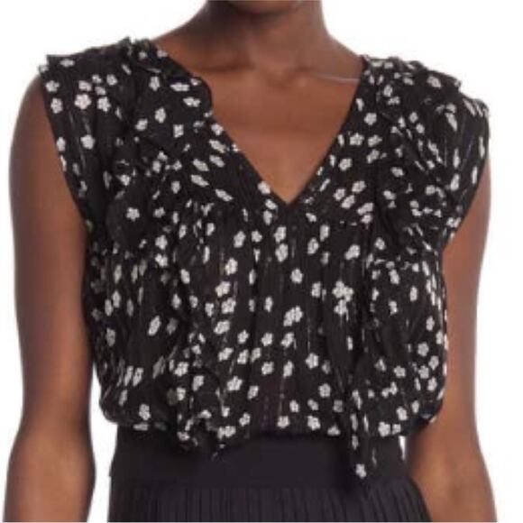 Muche et Muchette Black Daisy Floral Lurex Ruffle Semi Sheer Blouse Tank OS / M - Picture 1 of 10
